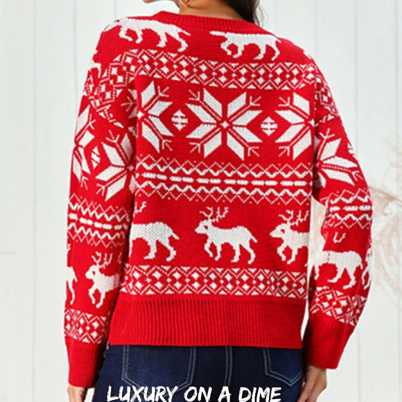 Fair Isle Snowflake Reindeer Knit Round Neck Classic Holiday Minimalist Sweater - Picture 2 of 7